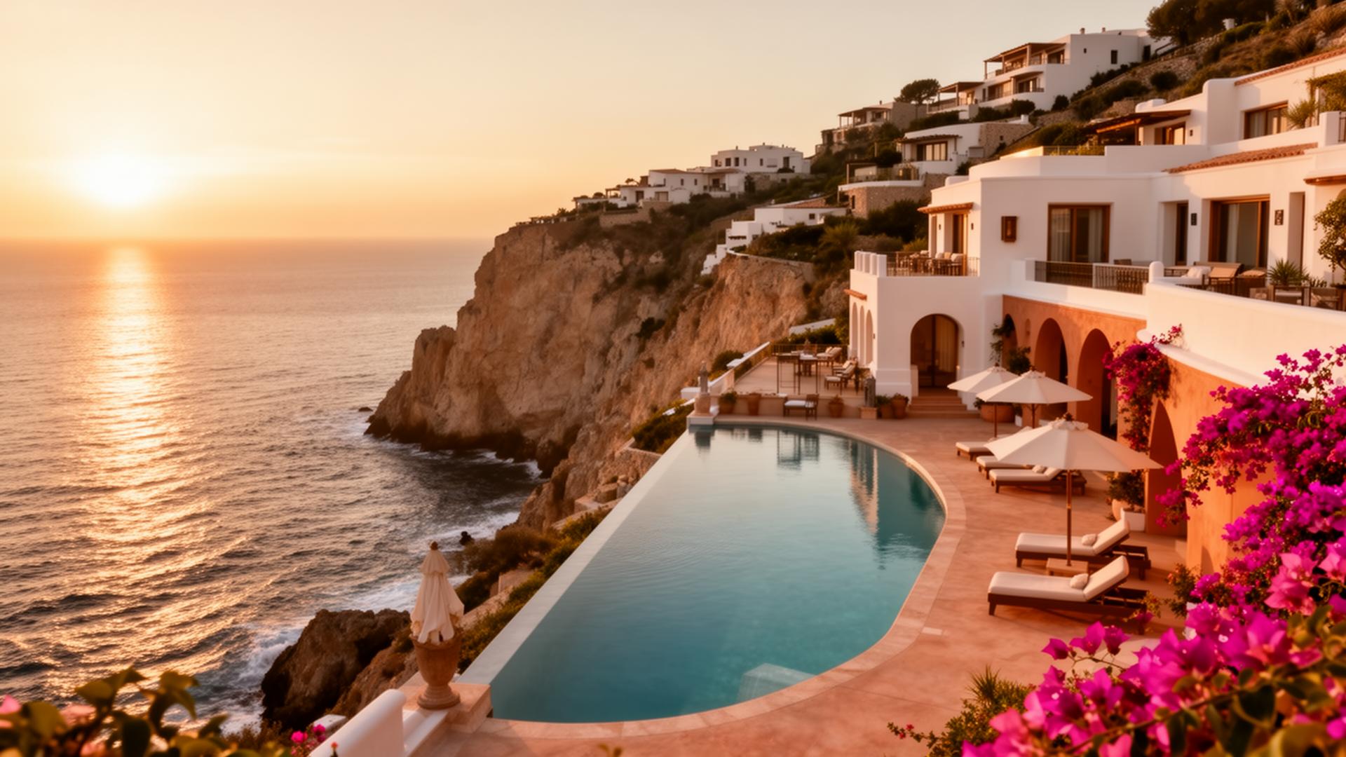DRÉVA cliffside resort bij zonsondergang